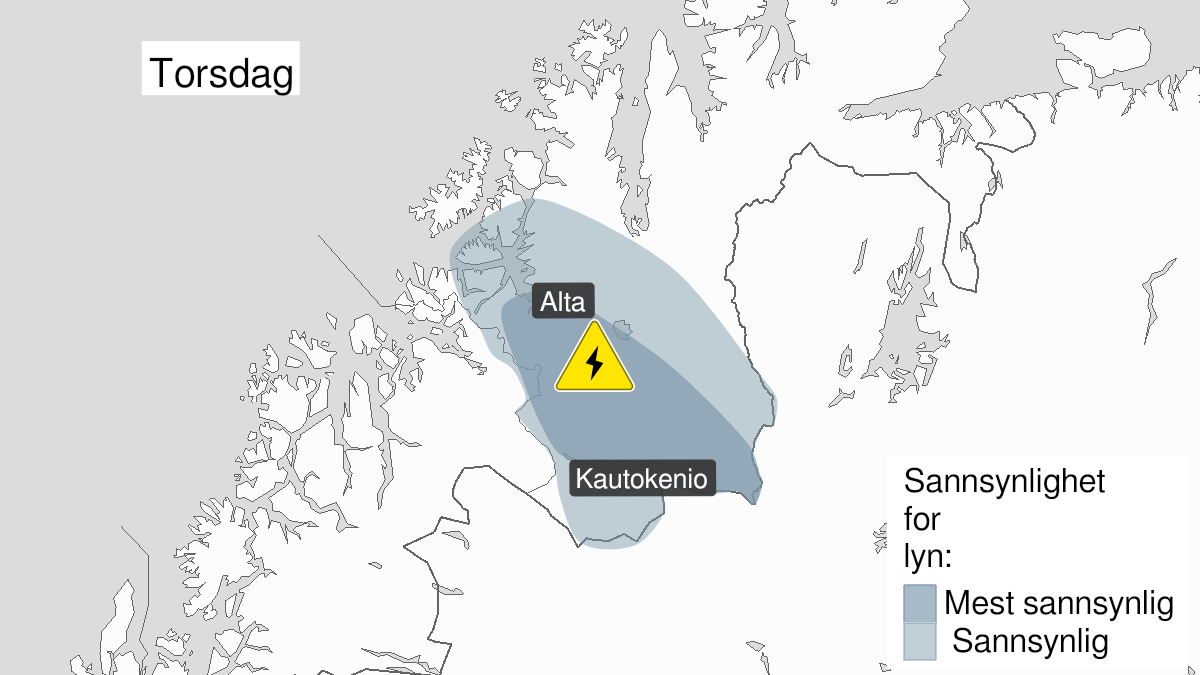 Kart over Mye lyn, gult nivå, Deler av Vest-Finnmark og Finnmarksvidda, 2024-06-06T12:00:00+00:00, 2024-06-06T18:00:00+00:00