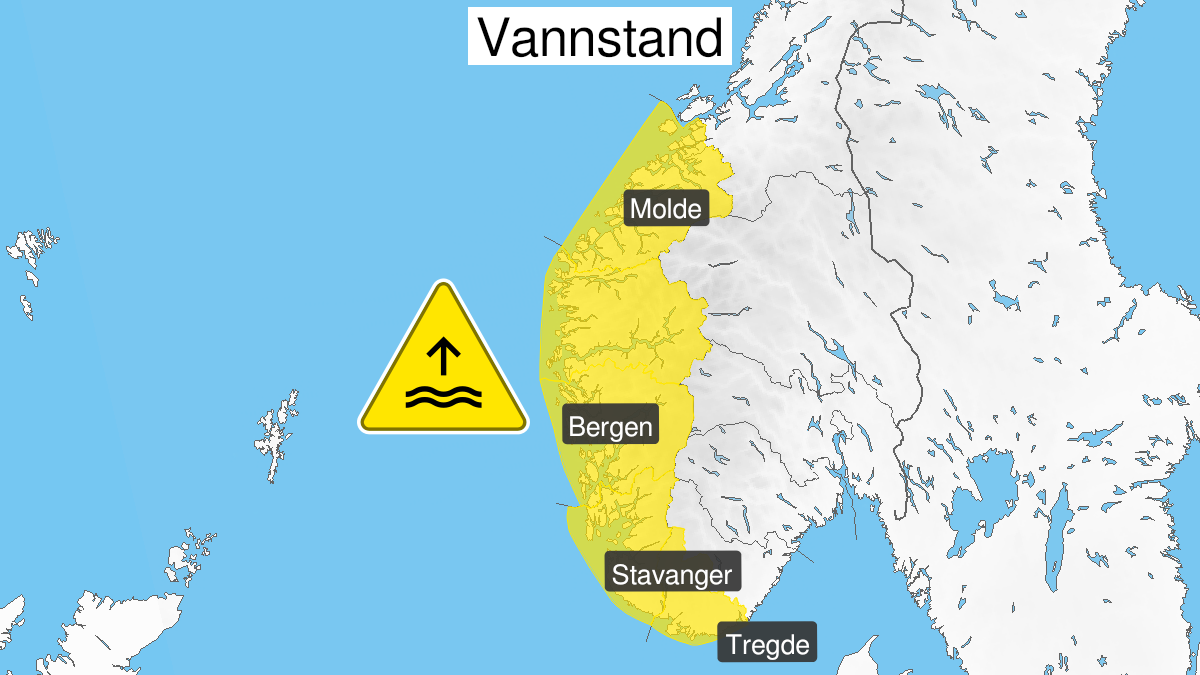 Kart over høy vannstand, gult nivå, Vestlandet, 01 November 21:00 UTC til 02 November 12:00 UTC.