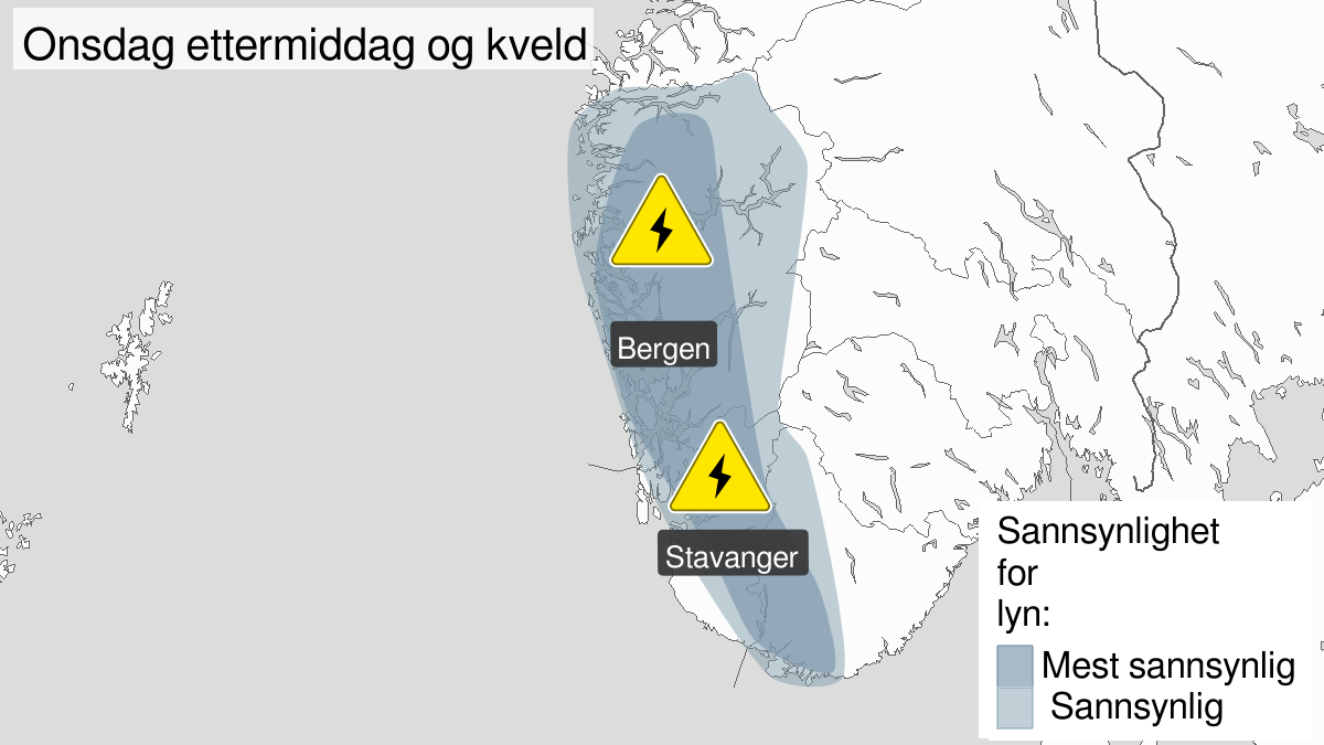 Kart over Mye lyn, gult nivå, Deler av Vestland, Rogaland og Agder, 2023-07-26T12:00:00+00:00, 2023-07-26T20:00:00+00:00