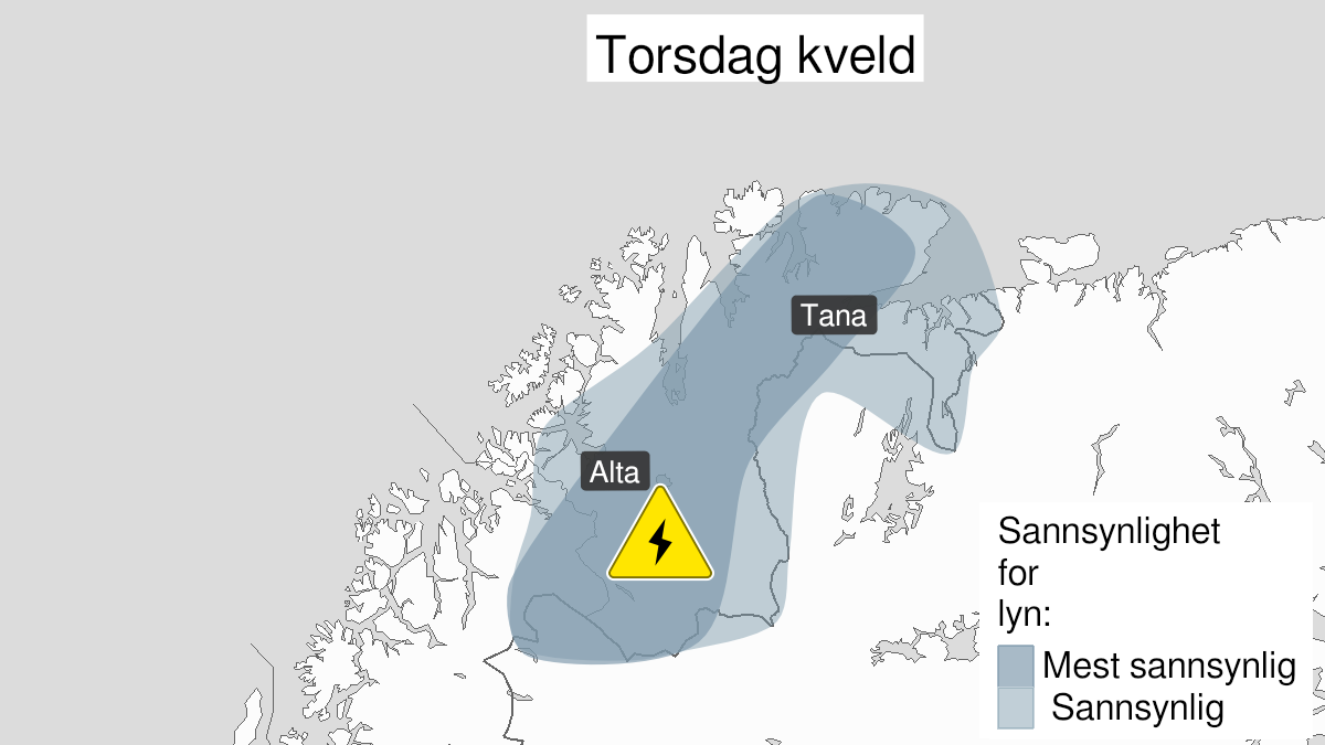 Map over Frequent lightning ongoing, yellow level, Parts of northern Troms and Finnmark, 2024-05-30T13:00:00+00:00, 2024-05-30T23:00:00+00:00