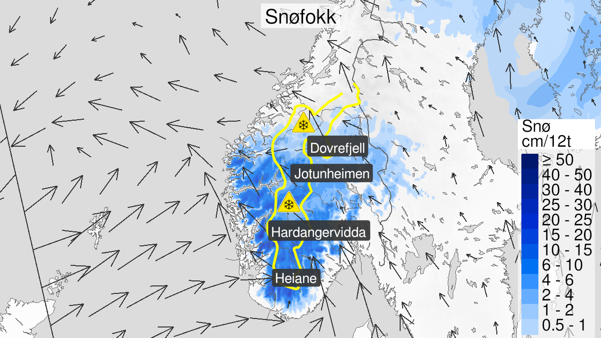 Kart over Kraftig snøfokk, gult nivå, Fjellet i Sør-Norge, 2023-01-10T21:00:00+00:00, 2023-01-11T23:59:00+00:00
