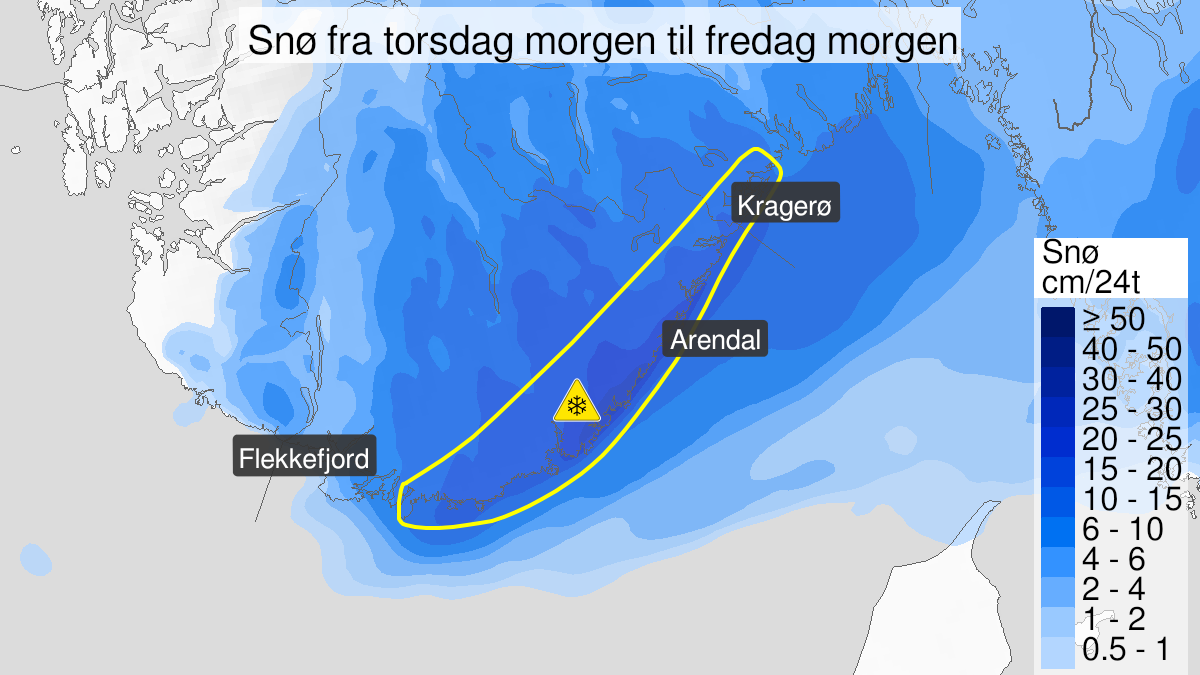 Kart over Snø, gult nivå, Deler av Agder og Telemark, 2023-03-30T03:00:00+00:00, 2023-03-31T05:00:00+00:00