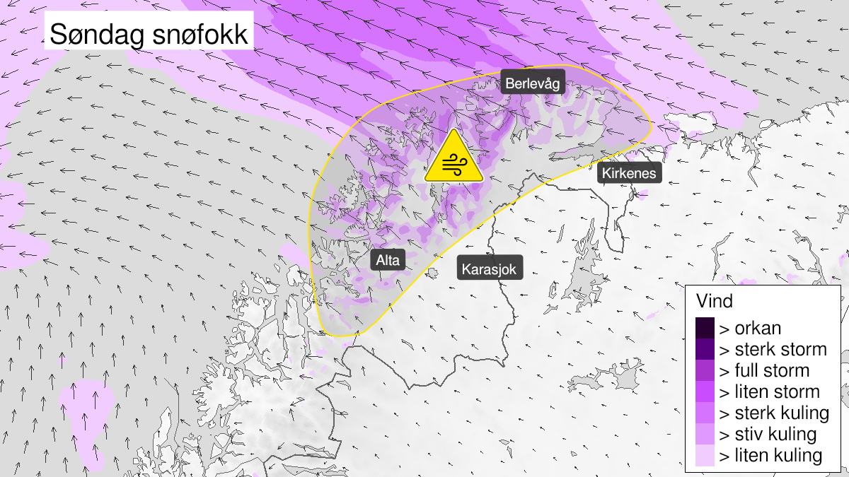 Map of blowing snow, yellow level, Kyst- and fjordstroekene i Finnmark, 20 December 09:00 UTC to 20 December 21:00 UTC.