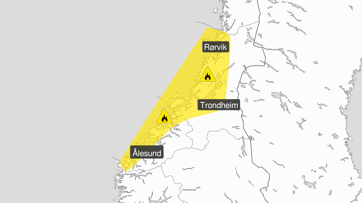 Map over Forest fire danger, yellow level, Parts of Møre and Romsdal and Trøndelag, 2024-05-03T08:30:00+00:00, 2024-05-07T12:00:00+00:00