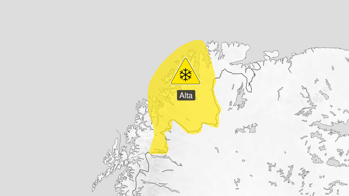 Map over Blowing snow, yellow level, Patrs of Troms and Finnmark, 2023-02-27T21:00:00+00:00, 2023-02-28T21:00:00+00:00