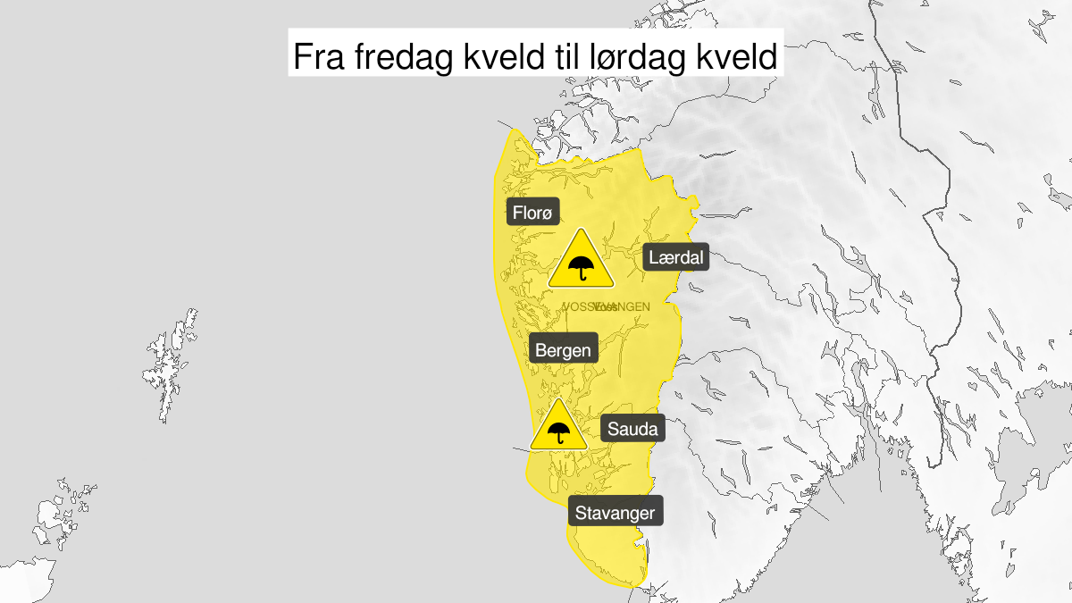 Map over Heavy rain, yellow level, Vestland South of Stad, 2024-08-09T18:00:00+00:00, 2024-08-11T00:00:00+00:00