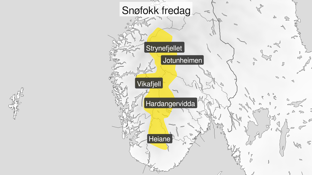 Kart over Kraftig snøfokk, gult nivå, Fjellet i Sør-Norge unntatt Dovrefjell., 2024-02-23T03:00:00+00:00, 2024-02-23T21:00:00+00:00