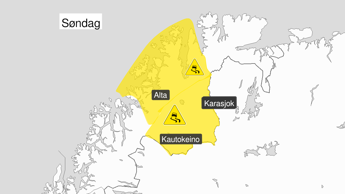 Map of ice, yellow level, Vest-Finnmark med Vidda, 20 December 06:00 UTC to 20 December 21:00 UTC.
