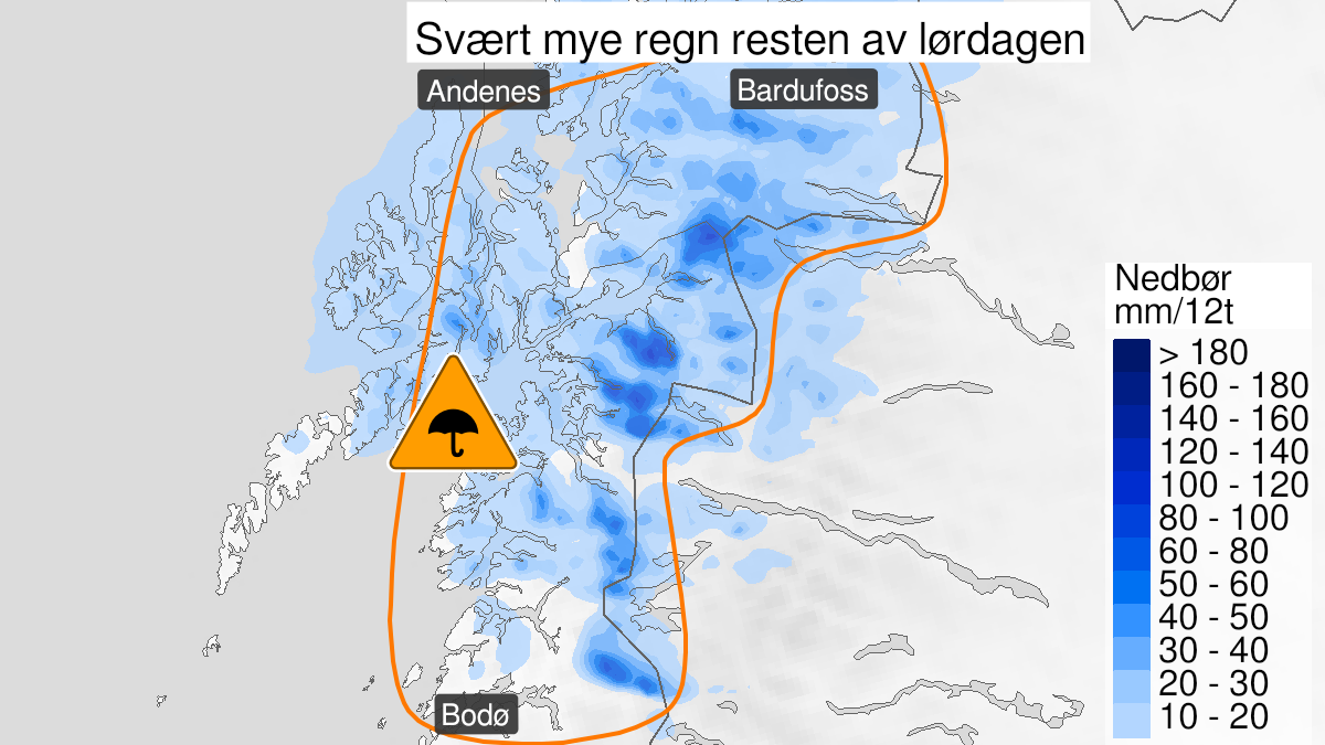 Kart over svært mye regn, oransje nivå, Salten, Ofoten, Vesterålen og Sør-Troms, 19 March 00:00 UTC til 20 March 02:00 UTC.