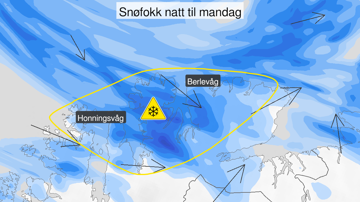 Map over Blowing snow, yellow level, Coastal and fjord areas in Finnmark, 2023-11-19T23:00:00+00:00, 2023-11-20T06:00:00+00:00