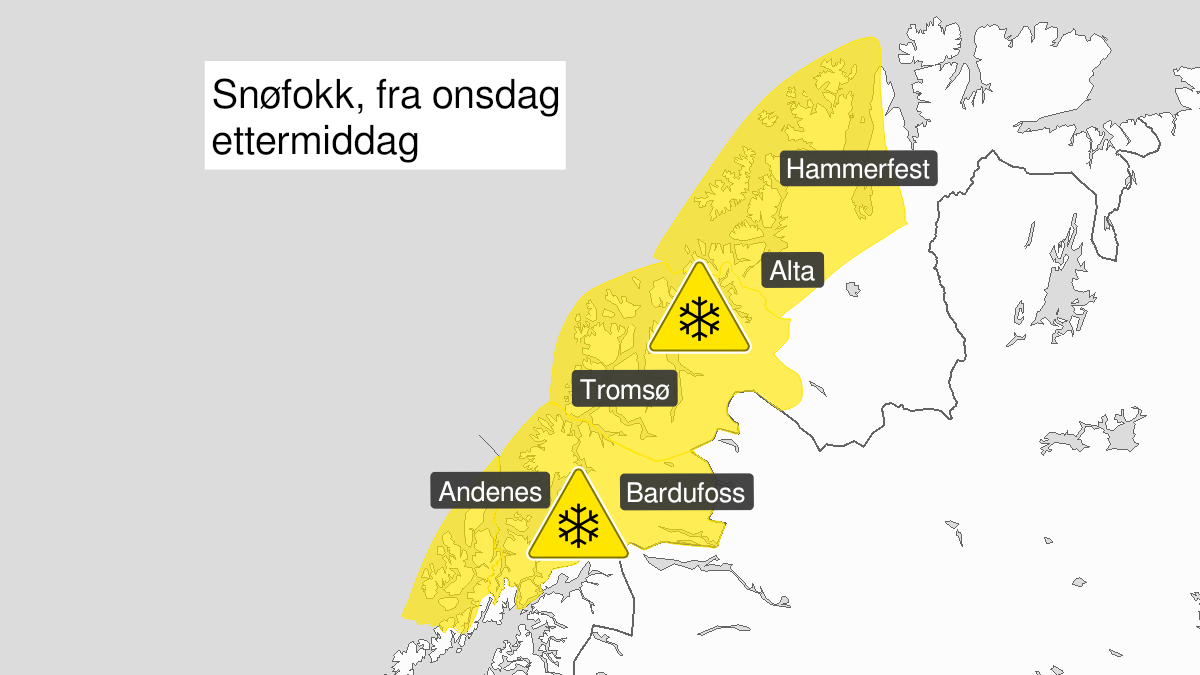 Kart over kraftig snøfokk, gult nivå, Vesterålen, Troms og Vest-Finnmark, 03 February 16:00 UTC til 04 February 05:00 UTC.