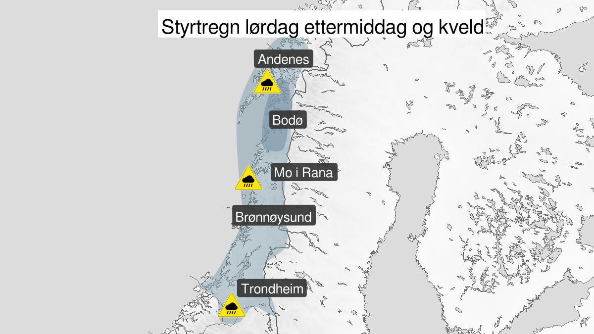 Kart over styrtregn, gult nivå, Sør-Trøndelag, Nord-Trøndelag, Helgeland, Saltfjellet, Salten, Ofoten, Lofoten, Vesterålen og Sør-Troms, 08 August 12:00 UTC til 08 August 23:00 UTC.