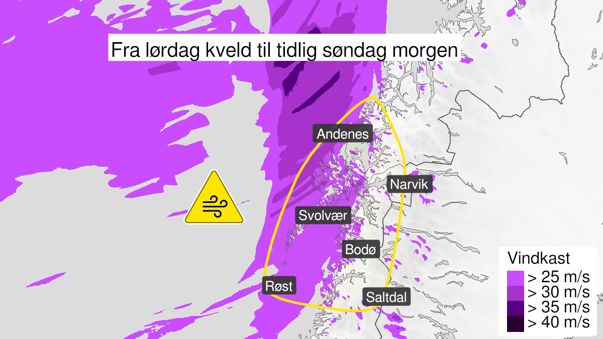 Map of strong wind gusts, yellow level, Salten, Ofoten, Lofoten, Vesteraalen and Soer-Troms, 22 January 19:00 UTC to 23 January 02:00 UTC.