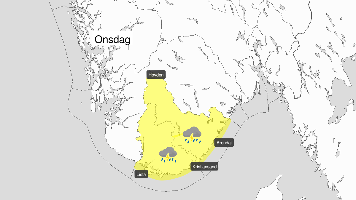 Kraftige regnbyger, gult nivå, Agder, 07 August 08:00 UTC til 07 August 18:00 UTC.