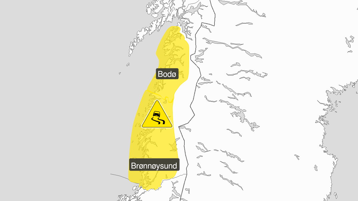 Kart over is, gult nivå, Helgeland og Salten, 20 February 09:00 UTC til 21 February 01:00 UTC.