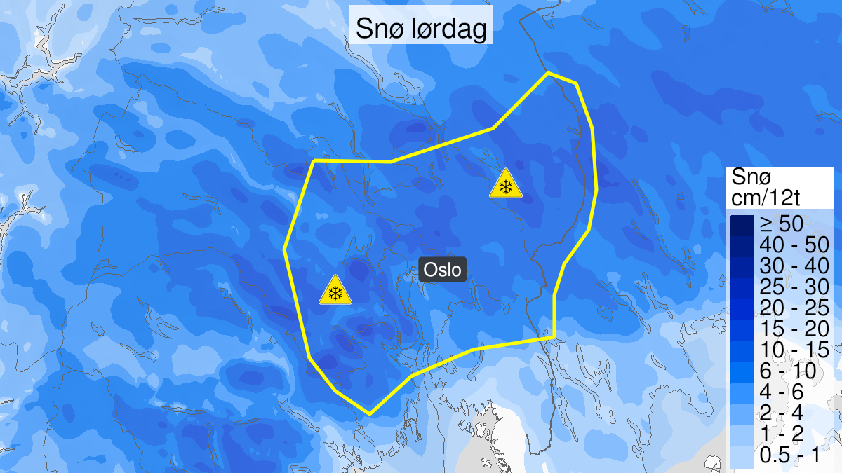 Kart over Snø, gult nivå, Sørlige del av Østlandet, 2024-03-16T00:00:00+00:00, 2024-03-16T16:00:00+00:00