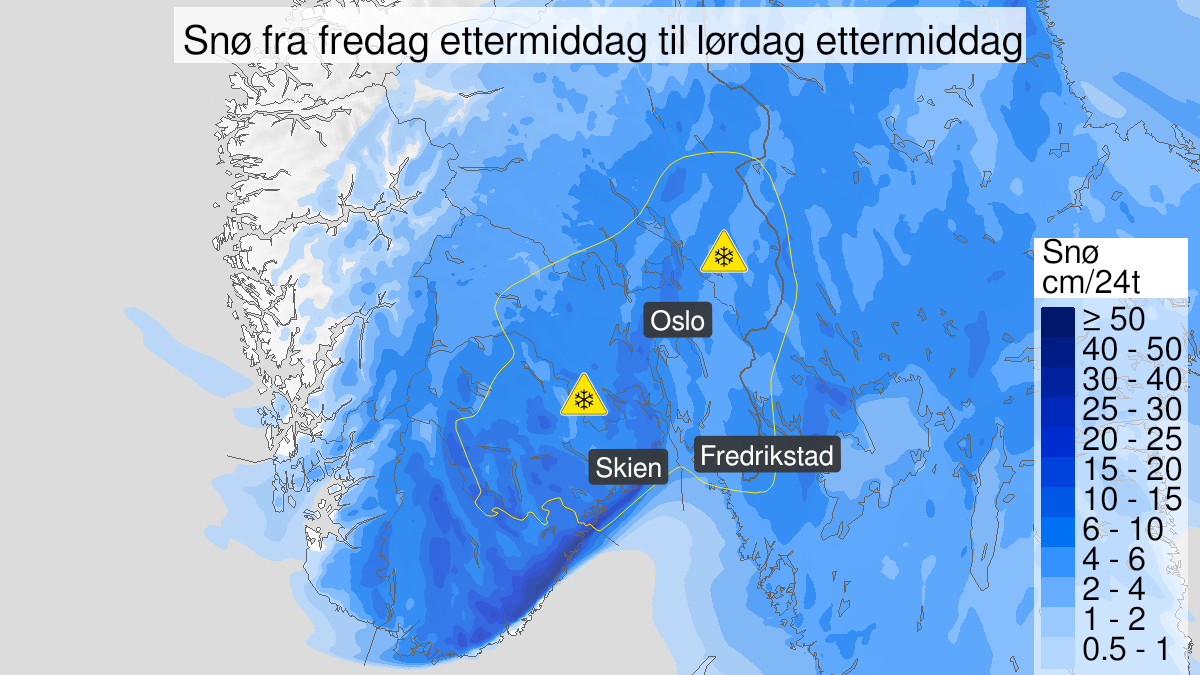 Kart over Snø, gult nivå, Sørlige deler av Østlandet, 2023-12-08T15:00:00+00:00, 2023-12-09T15:00:00+00:00