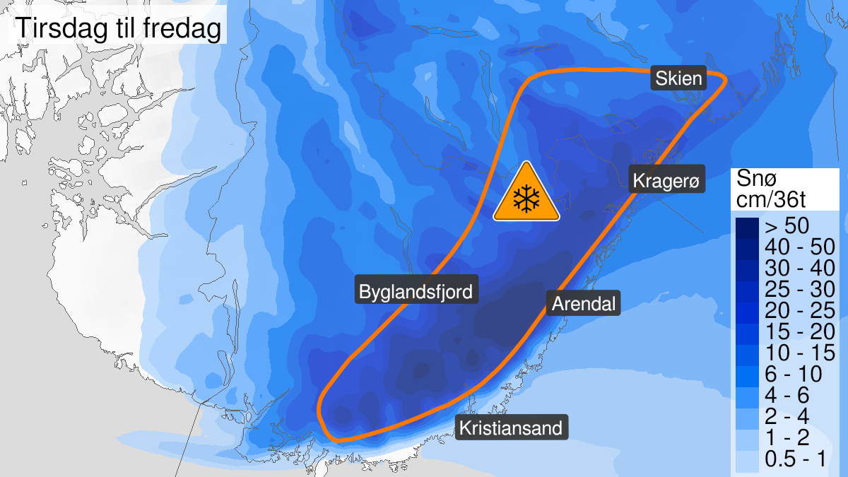 Map of very heavy snow, orange level, Telemark and Agder, 06 December 18:00 UTC to 10 December 18:00 UTC.
