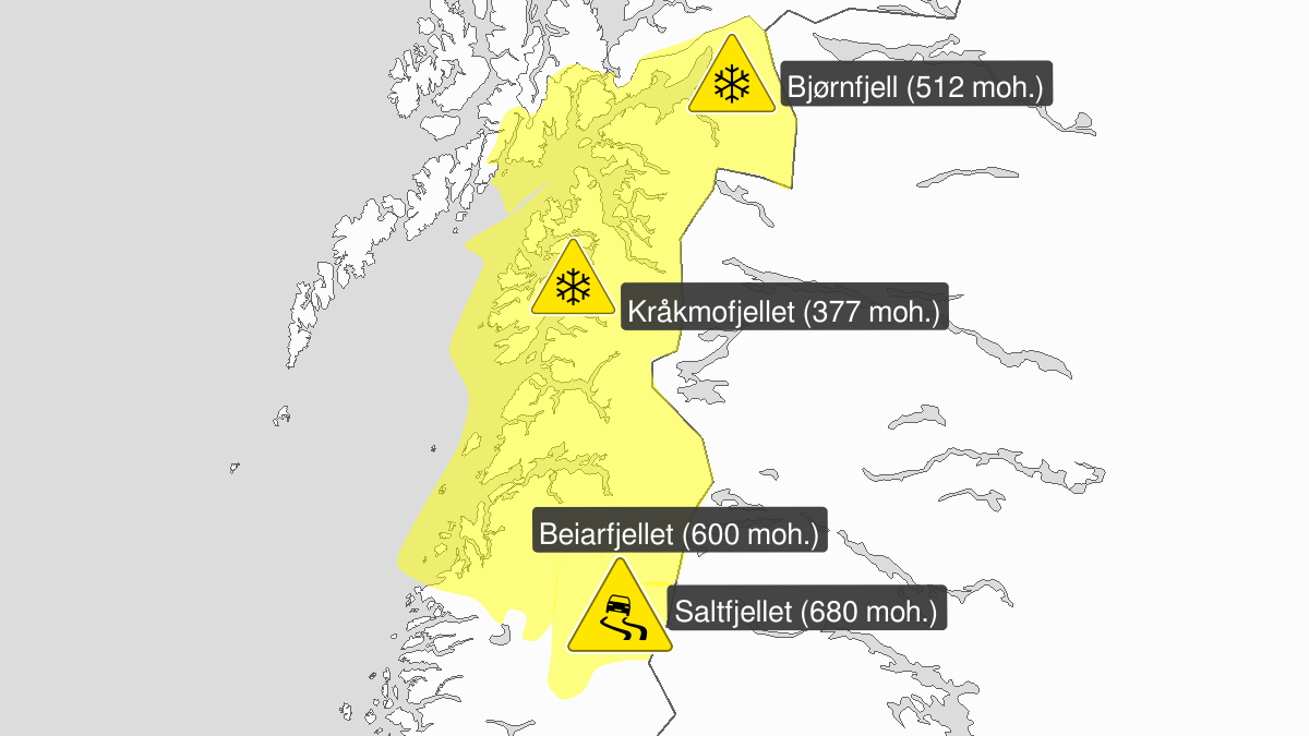 Heavy snow, yellow level, Saltfjellet, Salten and Ofoten, 18 September 22:00 UTC to 21 September 06:00 UTC.