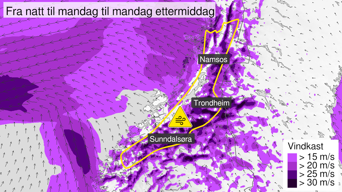 Kart over Kraftige vindkast, gult nivå, Deler av Møre og Romsdal og Trøndelag, 2024-01-22T00:00:00+00:00, 2024-01-22T11:00:00+00:00