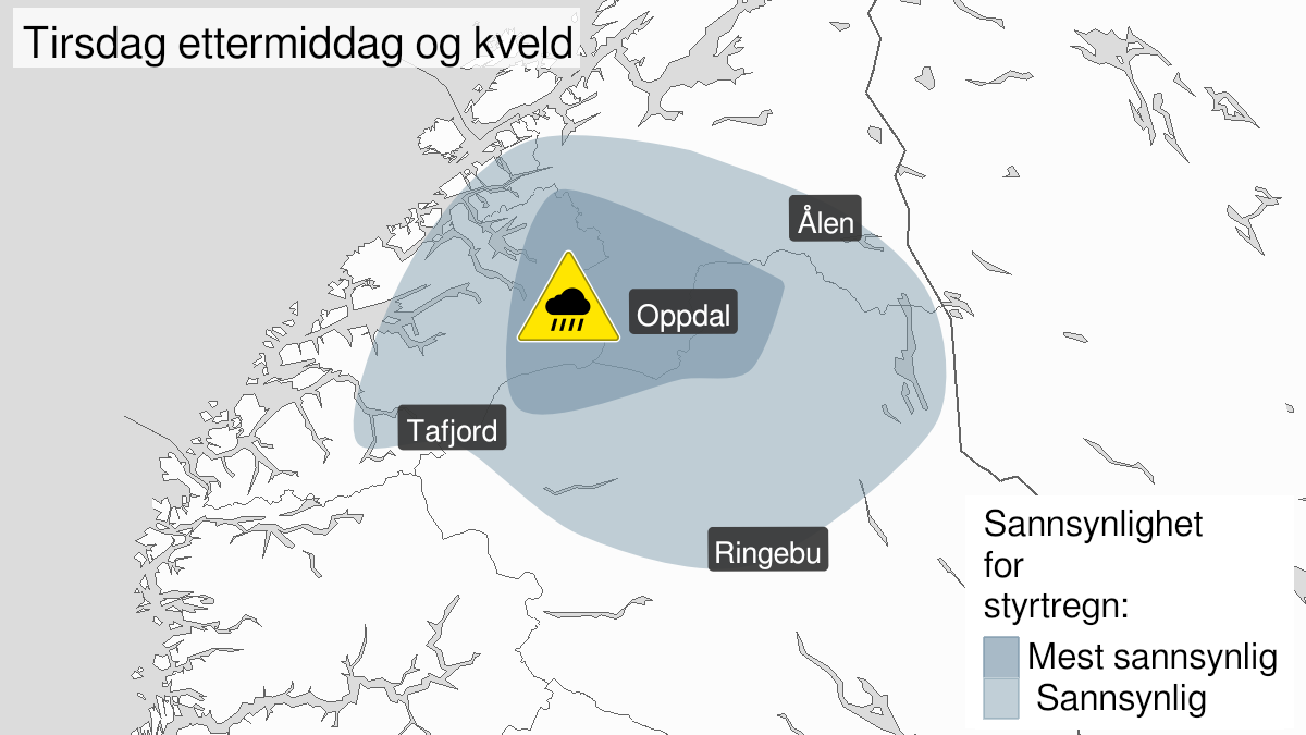 Kart over Styrtregn, gult nivå, Deler av Trøndelag, Møre og Romsdal og Innlandet, 2023-08-22T12:00:00+00:00, 2023-08-22T22:00:00+00:00