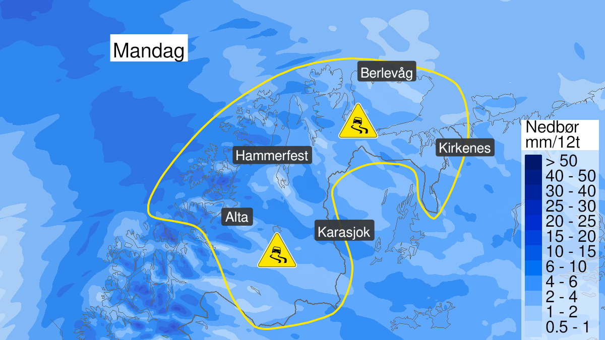 Kart over is, gult nivå, Finnmark, 15 November 05:00 UTC til 15 November 15:00 UTC.