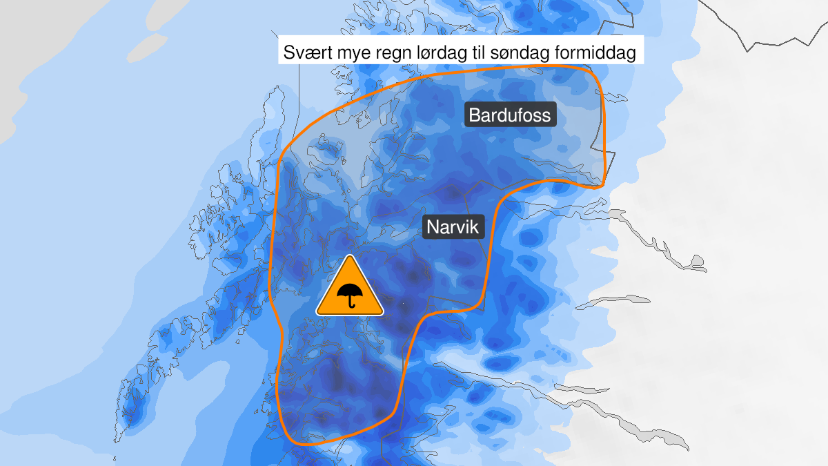 Kart over svært mye regn, oransje nivå, Salten, Ofoten, Vesterålen og Sør-Troms, 19 March 00:00 UTC til 20 March 12:00 UTC.