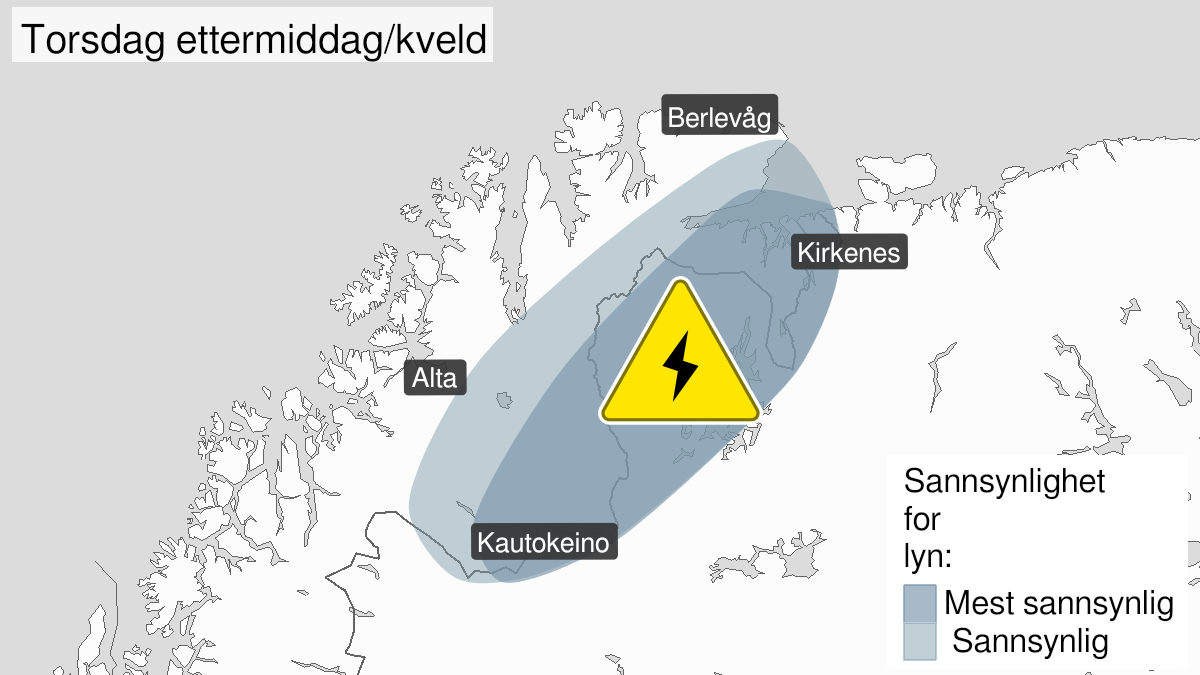Kart over mye lyn pågår, gult nivå, Øst-Finnmark og Finnmarksvidda, 08 July 12:00 UTC til 08 July 18:00 UTC.