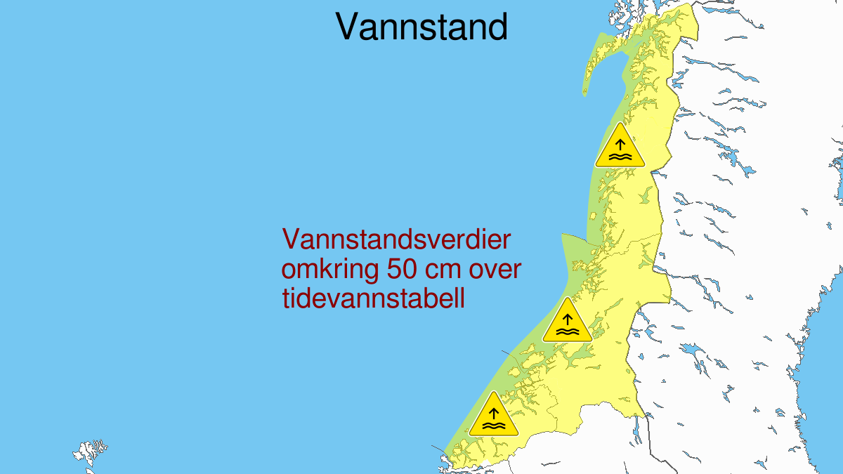 Høy vannstand, gult nivå, Møre og Romsdal, Sør-Trøndelag, Nord-Trøndelag, Helgeland, Salten, Ofoten og Lofoten, 11 January 09:00 UTC til 11 January 14:00 UTC.