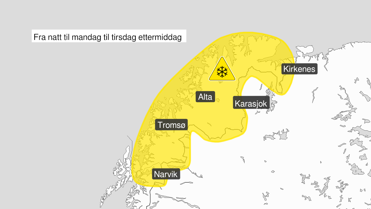 Kart over snø, gult nivå, Ofoten, Troms og Finnmark, 16 May 00:00 UTC til 17 May 18:00 UTC.
