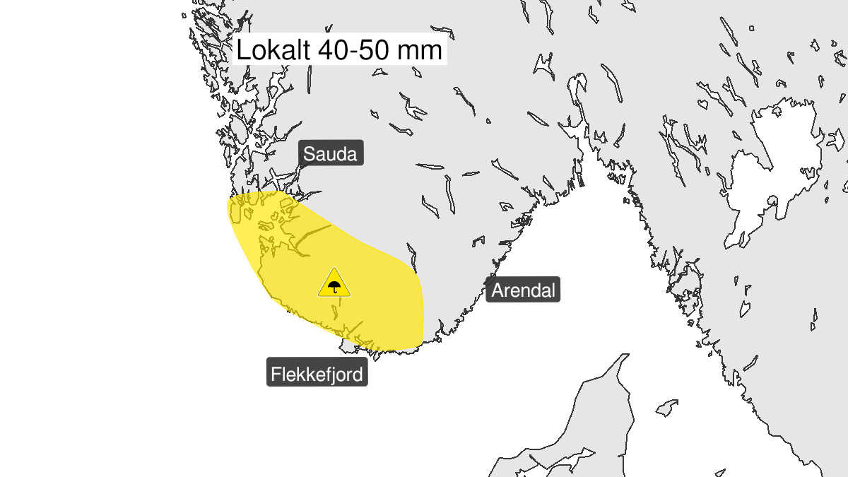 Kart over Mye regn, gult nivå, Deler av Rogaland og Agder, 2022-08-02T12:00:00+00:00, 2022-08-02T18:00:00+00:00