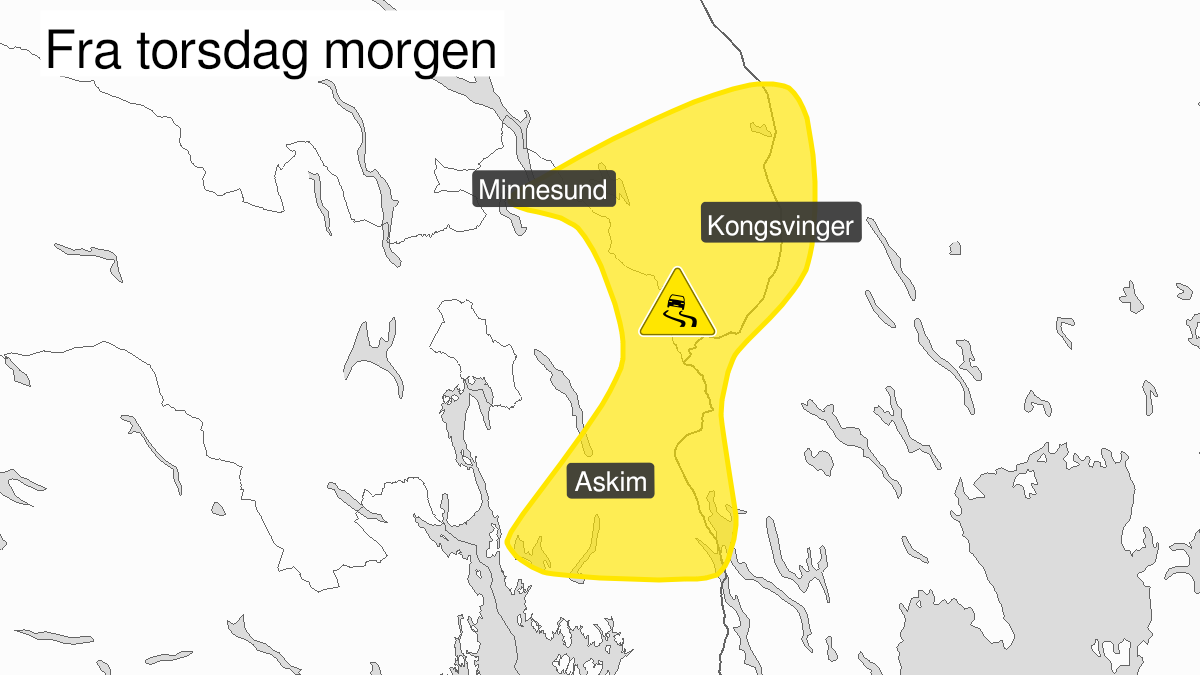 Kart over Is, gult nivå, Øst i Viken og Sør i Innlandet, 2023-11-02T03:00:00+00:00, 2023-11-02T17:00:00+00:00