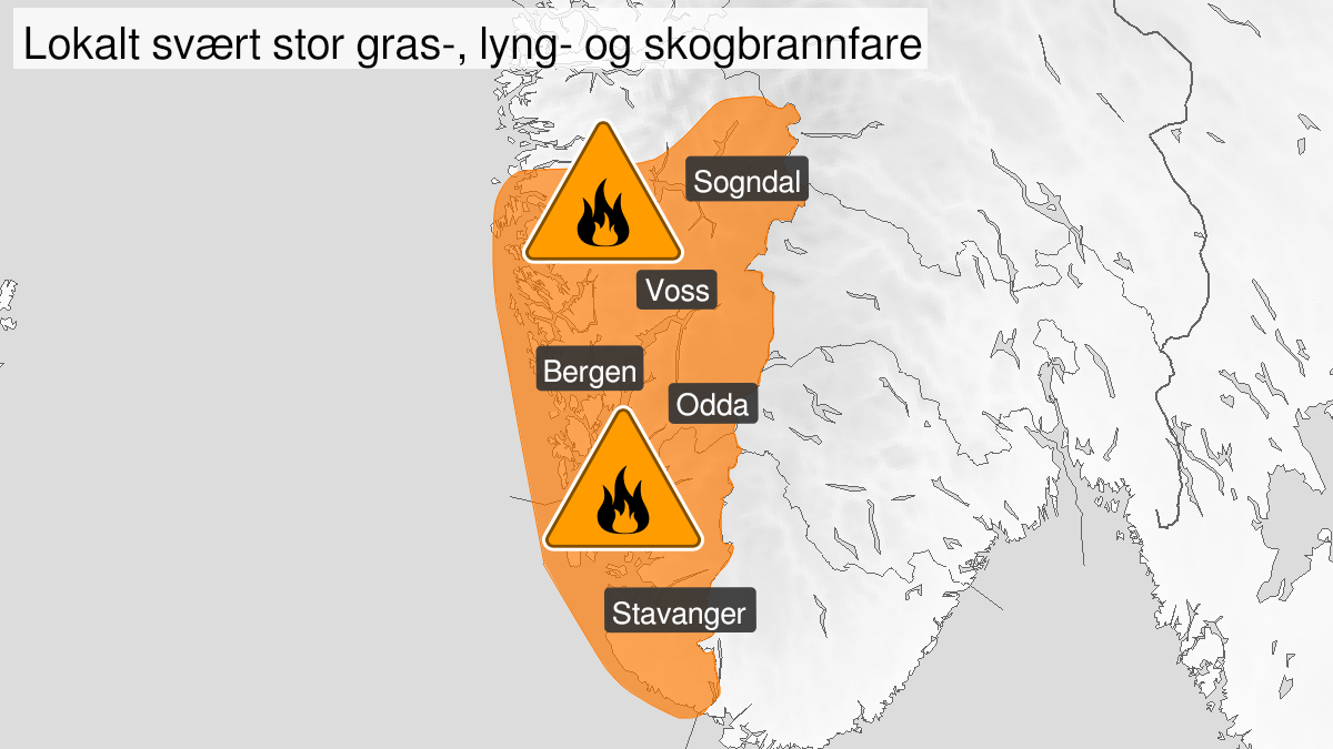 Map of high forest fire danger, orange level, Rogaland, Hordaland and Sogn, 05 June 00:00 UTC to 09 June 22:00 UTC.