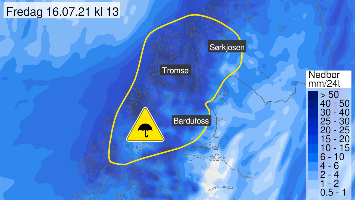 Kart over mye regn, gult nivå, Troms, 15 July 20:00 UTC til 16 July 22:00 UTC.