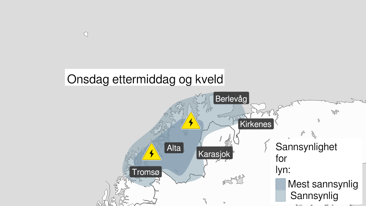 Kart over mye lyn pågår, gult nivå, Nord-Troms og Finnmark, 07 July 12:00 UTC til 07 July 21:00 UTC.