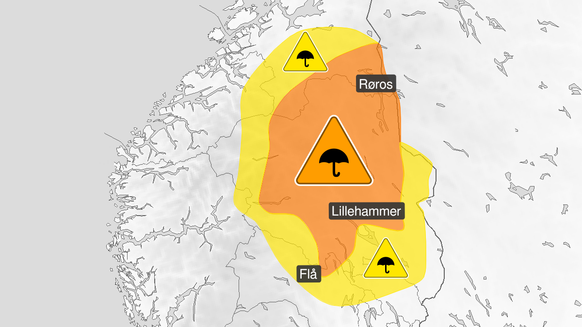 Kart over Mye regn, gult nivå, Deler av Østlandet og Midt-Norge, 2024-09-09T06:00:00+00:00, 2024-09-10T09:00:00+00:00