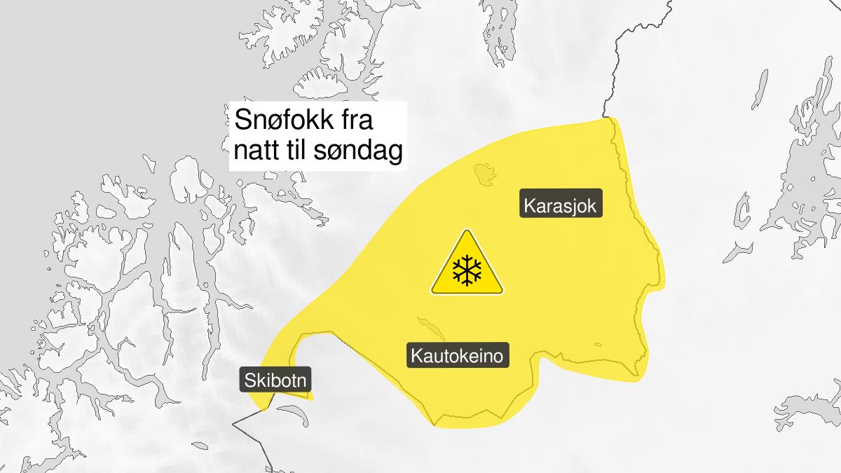 Map over Downgraded alert warning for blowing snow, Finnmarksvidda and parts of Troms