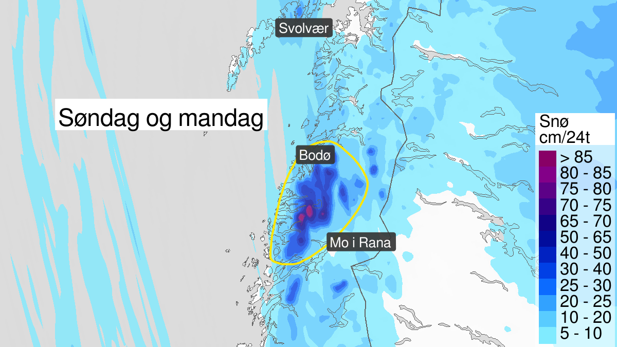 Map of heavy snow, yellow level, Nord-Helgeland and Sør-Salten, 12 April 11:00 UTC to 13 April 11:00 UTC.