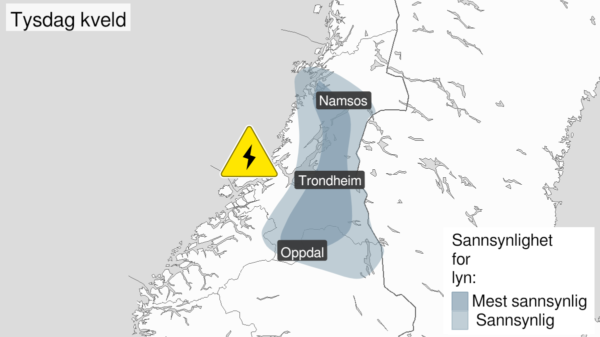 Map over Frequent lightning, yellow level, Parts of Trøndelag og northern part of Innlandet, 2024-07-30T15:00:00+00:00, 2024-07-31T00:00:00+00:00