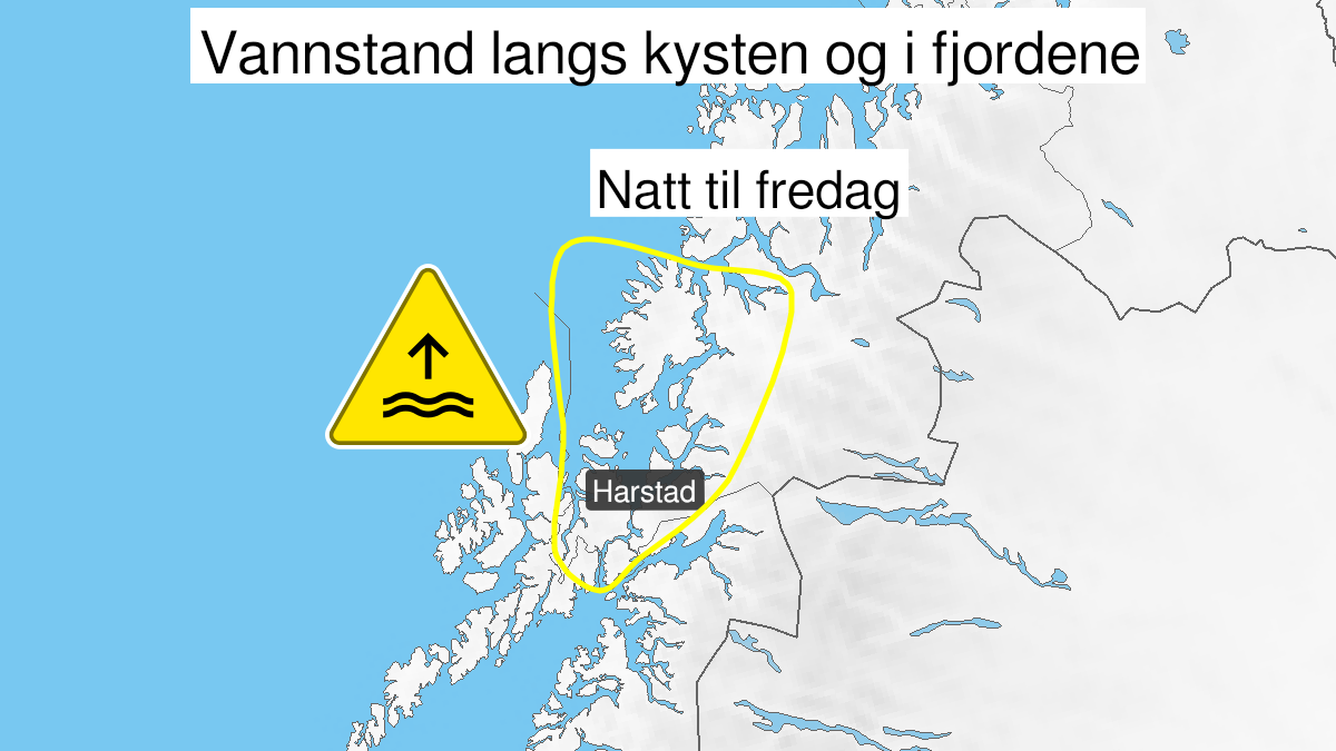 Kart over Høy vannstand, gult nivå, Kyst- og fjordstrøkene i Sør-Troms, 2024-08-23T00:00:00+00:00, 2024-08-23T03:00:00+00:00