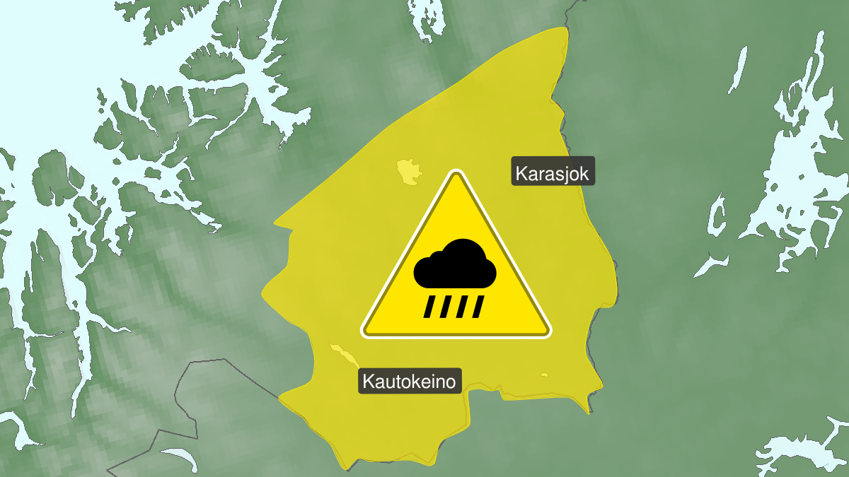 Map of heavy rain, yellow level, Finnmarksvidda, 09 August 03:00 UTC to 09 August 09:00 UTC.