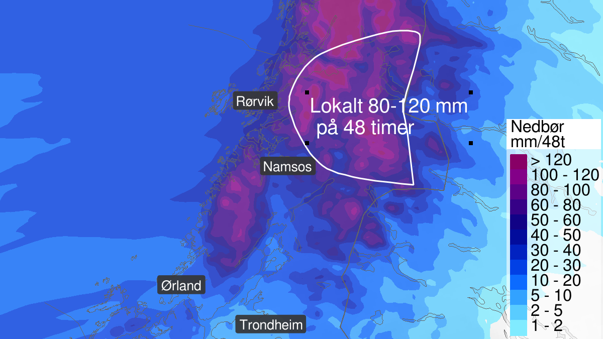 Very heavy rain, orange level, Namdalen, 31 December 18:00 UTC to 02 January 18:00 UTC.