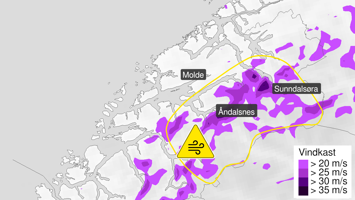 Kart over Kraftige vindkast, gult nivå, Deler av Møre og Romsdal, 2022-11-16T10:30:00+00:00, 2022-11-17T03:00:00+00:00