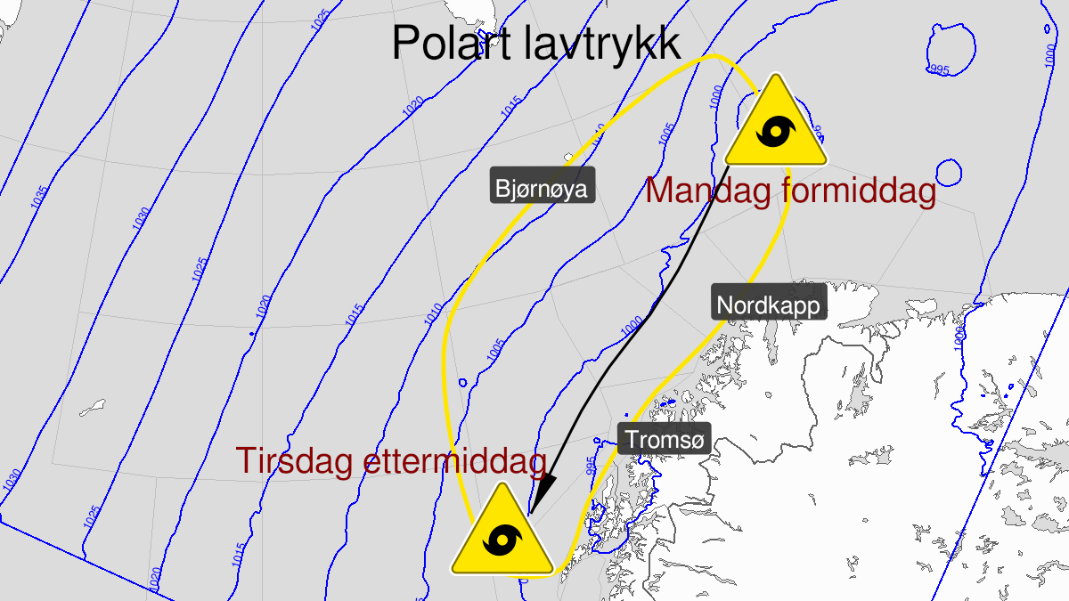 Map over Polar low, yellow level, C5, C4, Nordkappbanken, Hjelmsoeybanken, Tromsoeflaket, Bankene utenfor Troms, Dype D4, Dype E4, Vesteraalsbankene, 2023-03-06T06:00:00+00:00, 2023-03-07T12:00:00+00:00