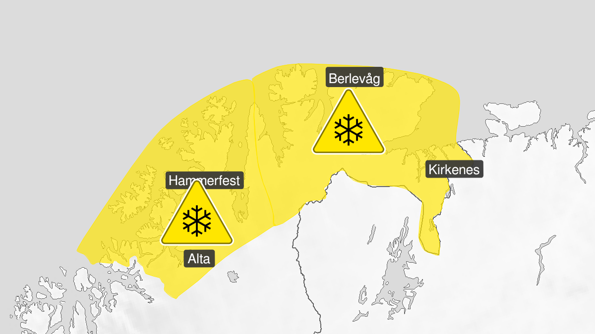Kart over kraftig snøfokk, gult nivå, Kyst- og fjordstrøkene i Finnmark, 14 February 04:00 UTC til 15 February 18:00 UTC.