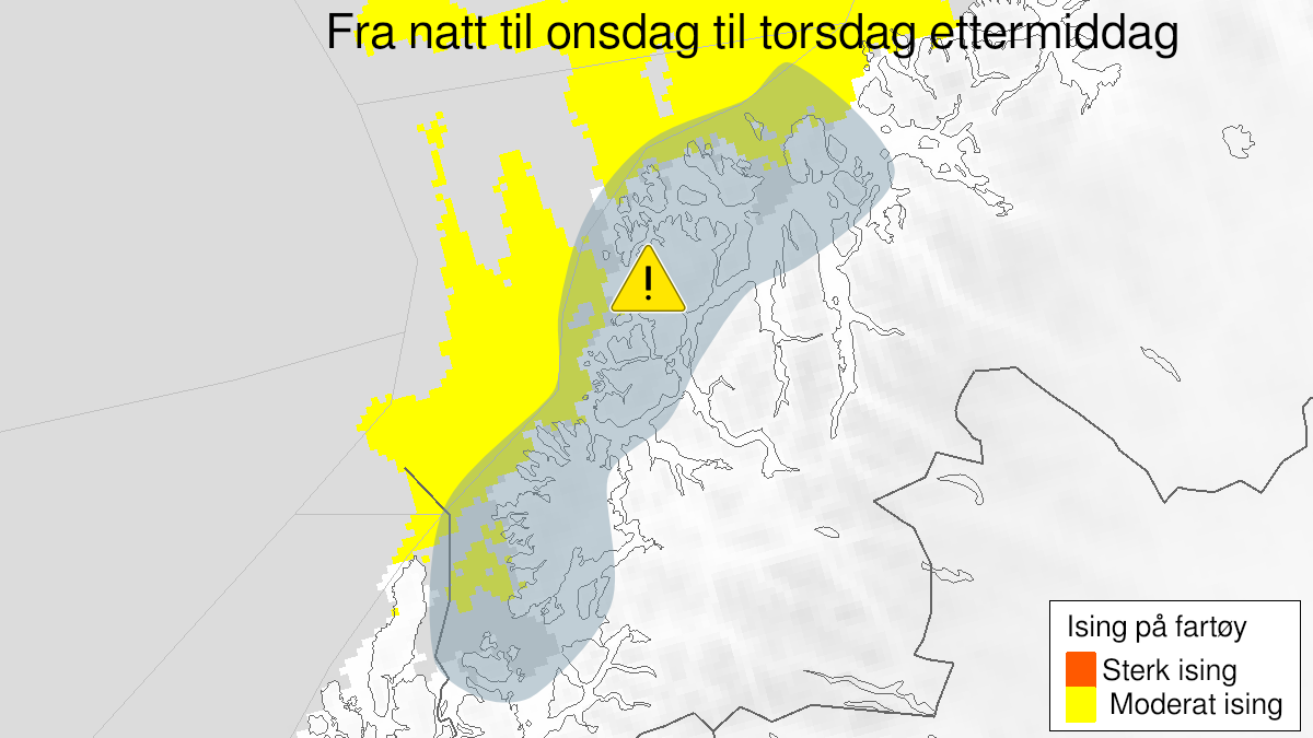 Kart over Moderat ising på skip, gult nivå, Kysten av Troms, 2023-03-22T03:00:00+00:00, 2023-03-23T12:00:00+00:00