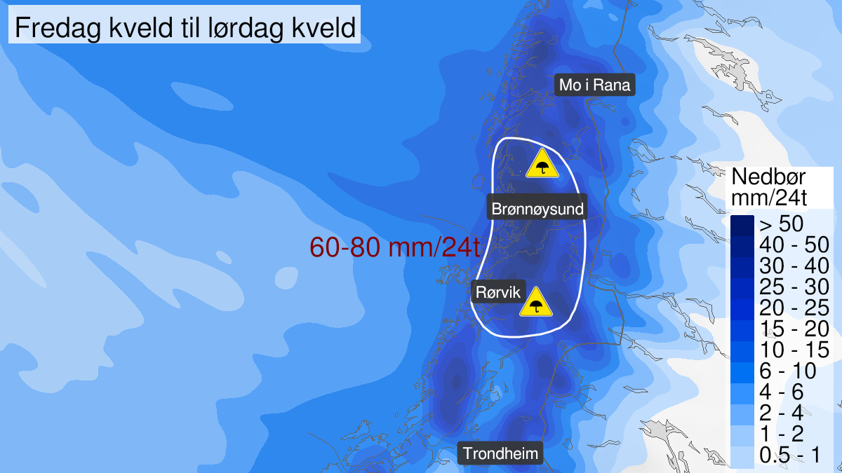 Kart over mye regn, gult nivå, Trøndelag og Helgeland, 19 March 18:00 UTC til 20 March 18:00 UTC.