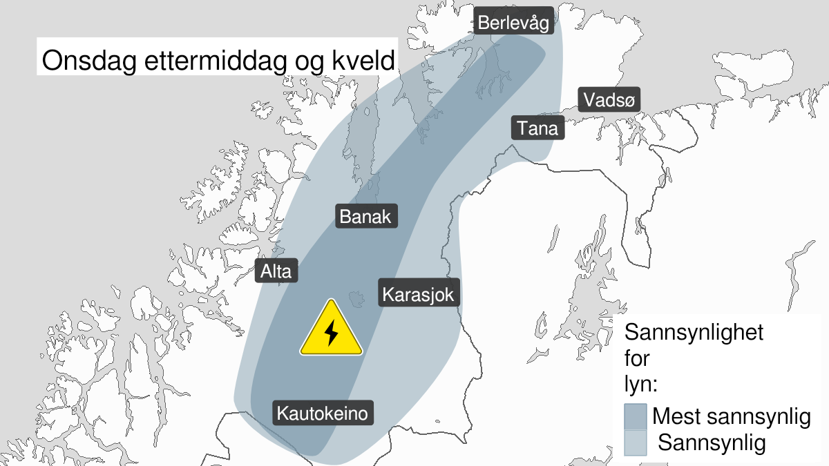 Kart over mye lyn, grønt nivå, Finnmark, 11 August 10:00 UTC til 11 August 17:00 UTC.
