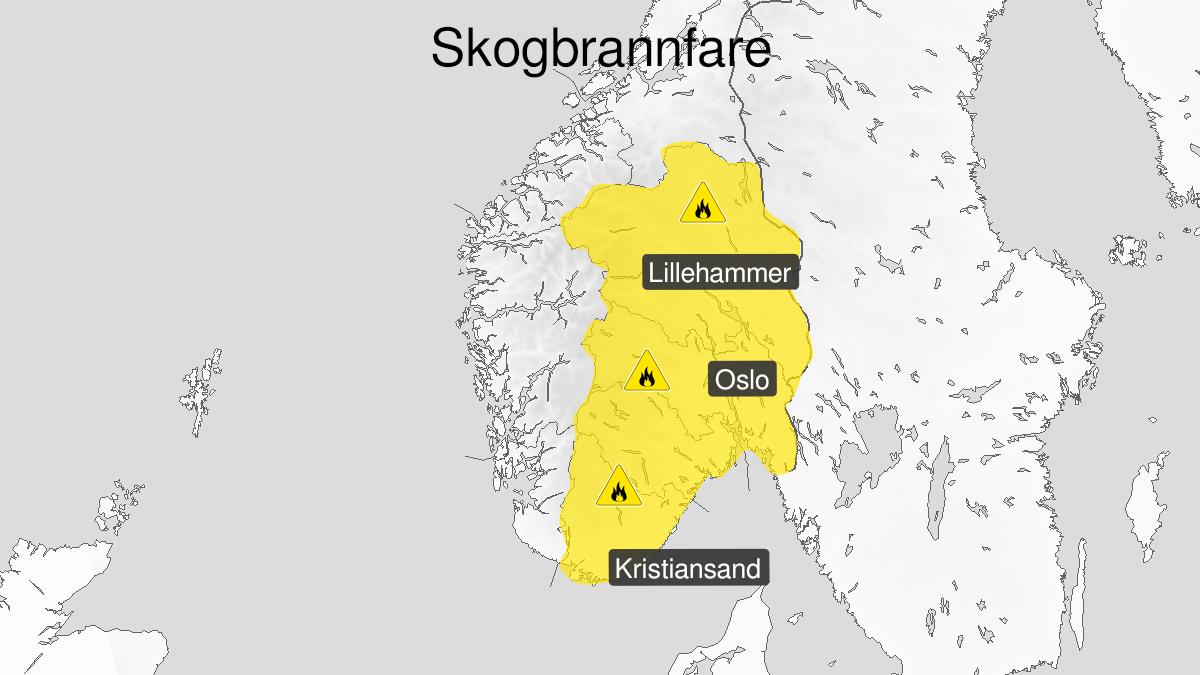 Map of forest fire danger expected, yellow level, Oestafjells, 09 June 12:00 UTC to 12 June 12:00 UTC.