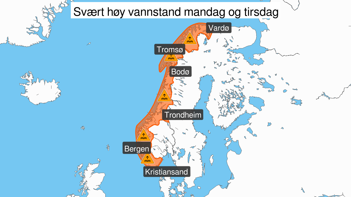 Svært høy vannstand, oransje nivå, Vestlandet, 10 February 10:00 UTC til 10 February 14:00 UTC.
